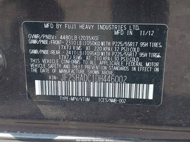Aukcja sprzedaży 2013 Subaru Forester 2.5x Premium, vin: JF2SHADC1DH446002, numer aukcji: 45428190
