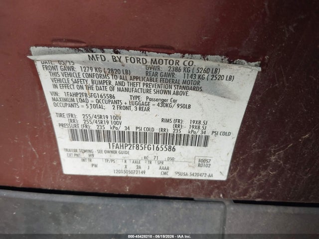 Auction sale of the 2015 Ford Taurus Limited, vin: 1FAHP2F85FG165586, lot number: 45428210