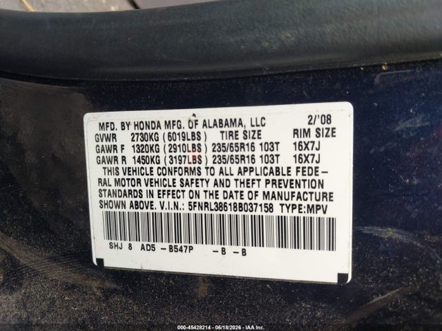 45428214 :رقم المزاد ، 5FNRL38618B037158 vin ، 2008 Honda Odyssey Ex-l مزاد بيع
