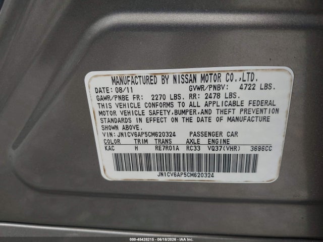 Продаж на аукціоні авто 2012 Infiniti G37 Journey, vin: JN1CV6AP5CM620324, номер лоту: 45428215