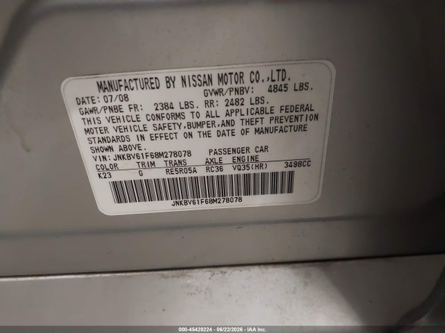 Aukcja sprzedaży 2008 Infiniti G35x, vin: JNKBV61F68M278078, numer aukcji: 45428224