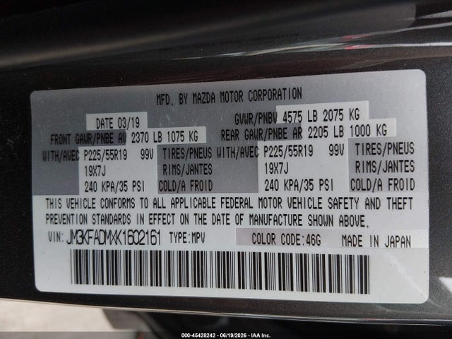 Продаж на аукціоні авто 2019 Mazda Cx-5 Grand Touring, vin: JM3KFADMXK1602161, номер лоту: 45428242