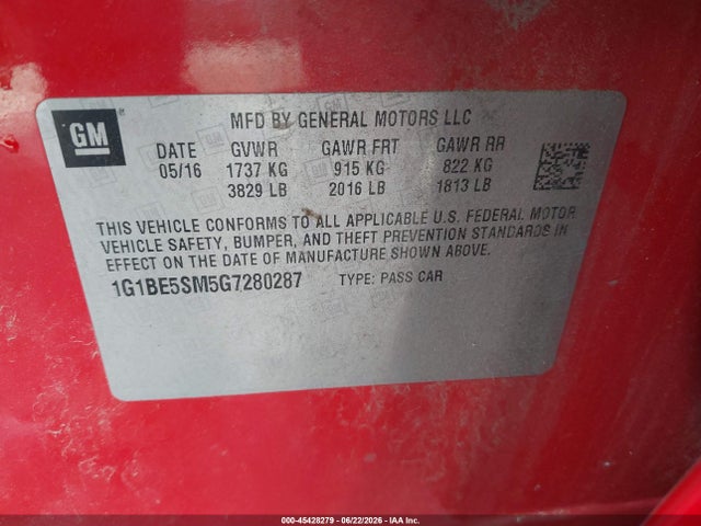 Chevrolet Cruze Lt Auto 2016 1G1BE5SM5G7280287 Image 9