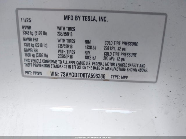 Продаж на аукціоні авто 2026 Tesla Model Y, vin: 7SAYGDED0TA598386, номер лоту: 45428329
