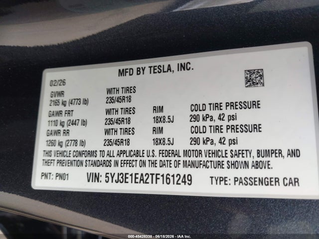 Продажа на аукционе авто 2026 Tesla Model 3 Premium Rear-wheel Drive/rear-wheel Drive, vin: 5YJ3E1EA2TF161249, номер лота: 45428338