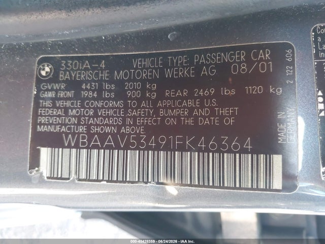 2001 Bmw 330i მანქანა იყიდება აუქციონზე, vin: WBAAV53491FK46364, აუქციონის ნომერი: 45428359