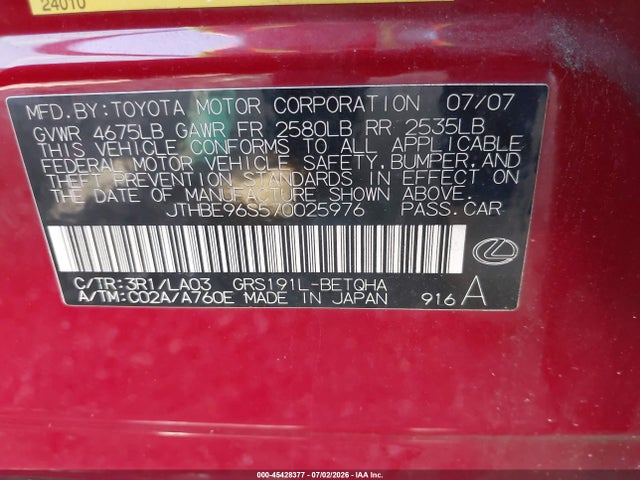 Продажа на аукционе авто 2007 Lexus Gs 350, vin: JTHBE96S570025976, номер лота: 45428377