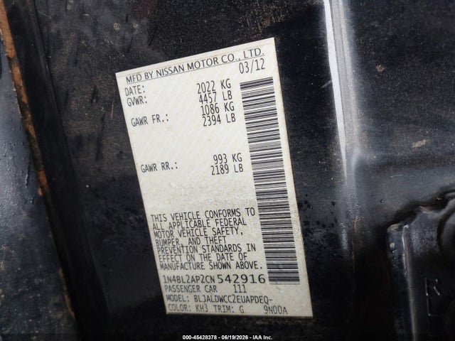 45428378 :رقم المزاد ، 1N4BL2AP2CN542916 vin ، 2012 Nissan Altima 3.5 Sr مزاد بيع
