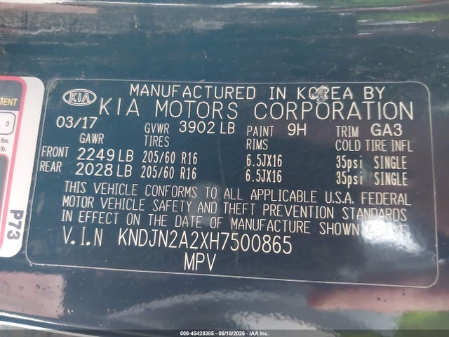 Aukcja sprzedaży 2017 Kia Soul, vin: KNDJN2A2XH7500865, numer aukcji: 45428385