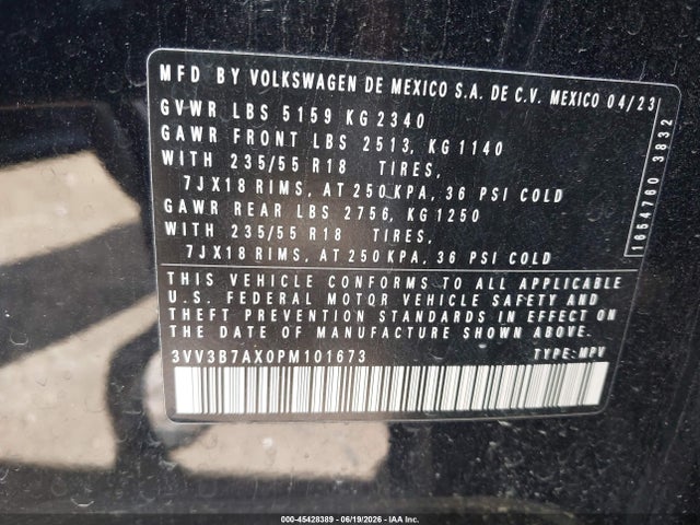45428389 :رقم المزاد ، 3VV3B7AX0PM101673 vin ، 2023 Volkswagen Tiguan 2.0t Se مزاد بيع