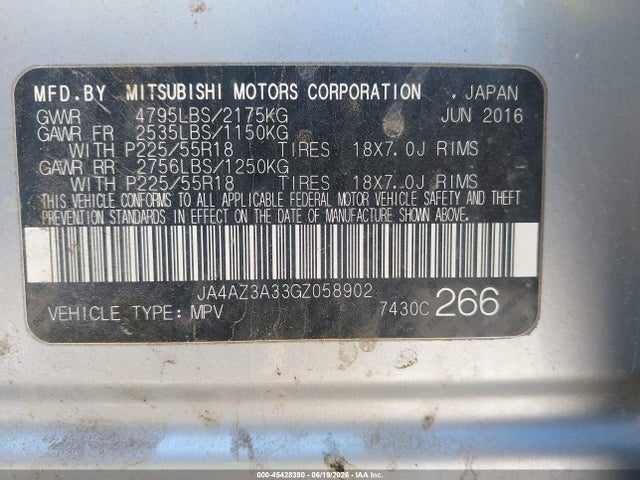 45428390 :رقم المزاد ، JA4AZ3A33GZ058902 vin ، 2016 Mitsubishi Outlander Sel مزاد بيع