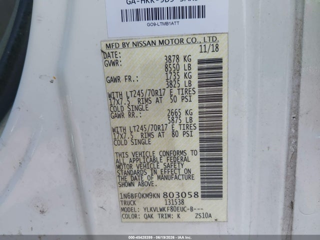 Aukcja sprzedaży 2019 Nissan Nv Cargo Nv1500 S V6, vin: 1N6BF0KM9KN803058, numer aukcji: 45428399