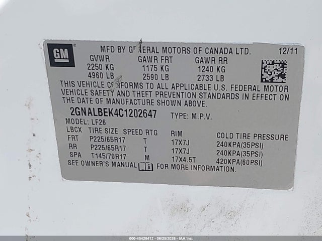 45428413 :رقم المزاد ، 2GNALBEK4C1202647 vin ، 2012 Chevrolet Equinox Ls مزاد بيع