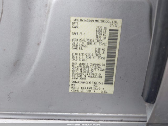 Aukcja sprzedaży 2012 Nissan Pathfinder S, vin: 5N1AR1NNXCC636055, numer aukcji: 45428469