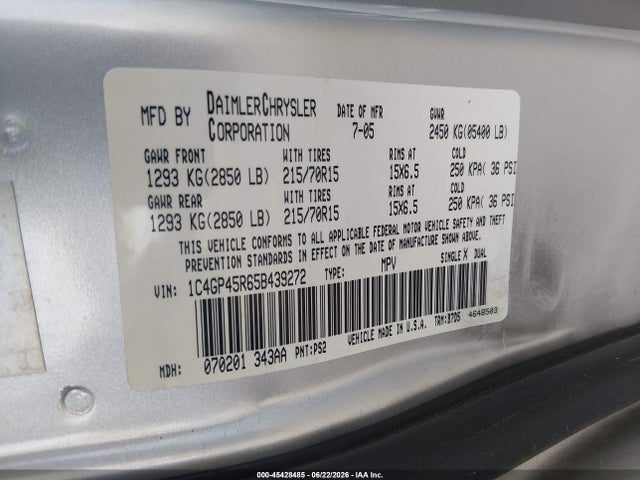 45428485 :رقم المزاد ، 1C4GP45R65B439272 vin ، 2005 Chrysler Town & Country مزاد بيع