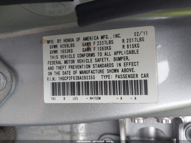 2011 Honda Accord 2.4 Se მანქანა იყიდება აუქციონზე, vin: 1HGCP2F63BA090355, აუქციონის ნომერი: 45428491