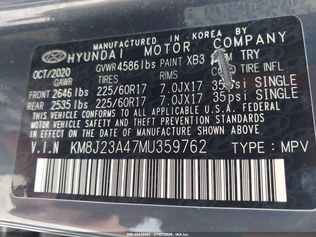 45428492 :رقم المزاد ، KM8J23A47MU359762 vin ، 2021 Hyundai Tucson Se مزاد بيع