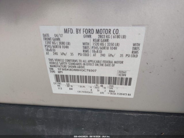 Ford EXPLORER XLT 2017 1FM5K8D88HGC79307 Image 9