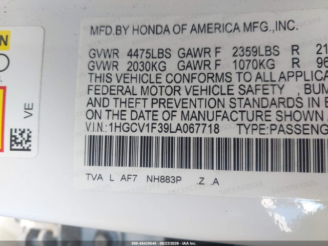 45428548 :رقم المزاد ، 1HGCV1F39LA067718 vin ، 2020 Honda Accord Sport مزاد بيع