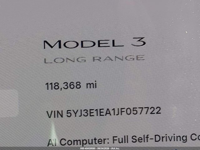 Продажа на аукционе авто 2018 Tesla Model 3 Long Range/mid Range, vin: 5YJ3E1EA1JF057722, номер лота: 45428590
