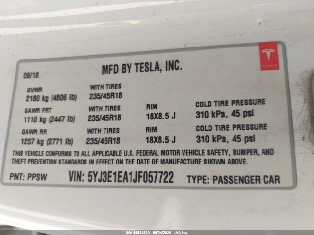 2018 Tesla Model 3 Long Range/mid Range მანქანა იყიდება აუქციონზე, vin: 5YJ3E1EA1JF057722, აუქციონის ნომერი: 45428590