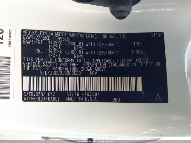 5TDYZ3DC9JS902630 Toyota Sienna Xle Premium 8 Passenger