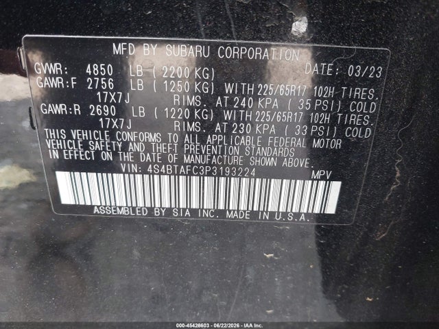 2023 Subaru Outback Premium მანქანა იყიდება აუქციონზე, vin: 4S4BTAFC3P3193224, აუქციონის ნომერი: 45428603