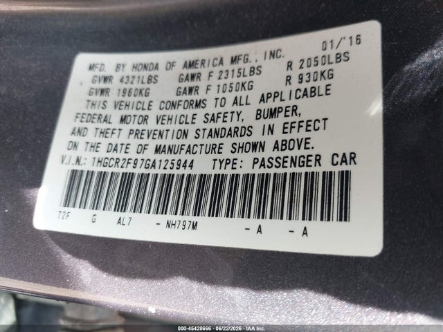 Продаж на аукціоні авто 2016 Honda Accord Ex-l, vin: 1HGCR2F97GA125944, номер лоту: 45428666