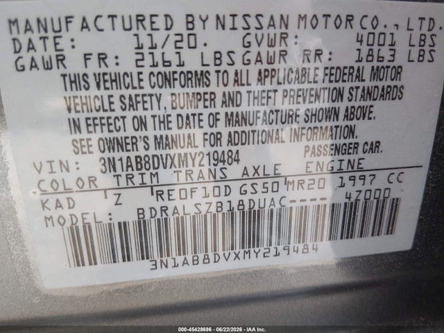 2021 Nissan Sentra Sr Xtronic Cvt მანქანა იყიდება აუქციონზე, vin: 3N1AB8DVXMY219484, აუქციონის ნომერი: 45428696