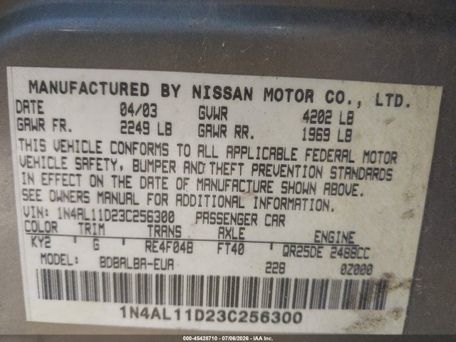 Продаж на аукціоні авто 2003 Nissan Altima 2.5 S, vin: 1N4AL11D23C256300, номер лоту: 45428710