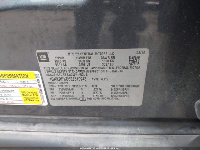 Aukcja sprzedaży 2014 Gmc Acadia Sle-2, vin: 1GKKRPKD6EJ310943, numer aukcji: 45428712