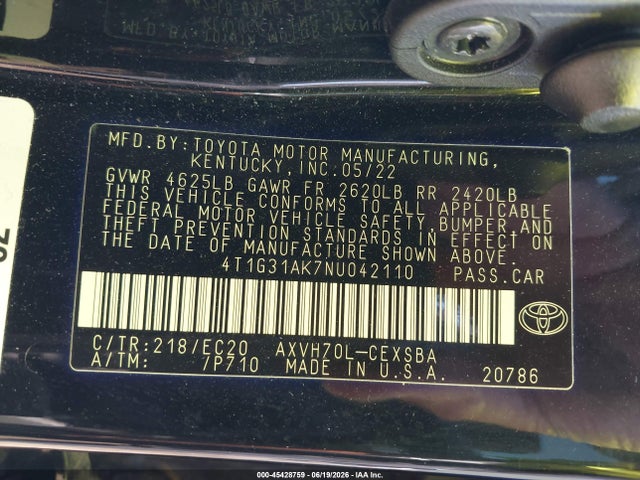 2022 Toyota Camry Nightshade Edition Hybrid მანქანა იყიდება აუქციონზე, vin: 4T1G31AK7NU042110, აუქციონის ნომერი: 45428759