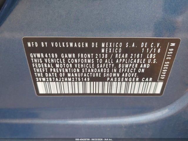 2017 Volkswagen Jetta 1.4t S მანქანა იყიდება აუქციონზე, vin: 3VW2B7AJ2HM275149, აუქციონის ნომერი: 45428799