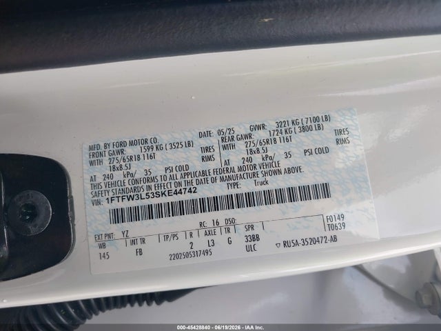 45428840 :رقم المزاد ، 1FTFW3L53SKE44742 vin ، 2025 Ford F-150 Xlt مزاد بيع