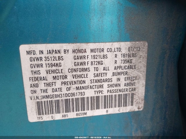 2013 Honda Fit მანქანა იყიდება აუქციონზე, vin: JHMGE8H31DC061793, აუქციონის ნომერი: 45428877