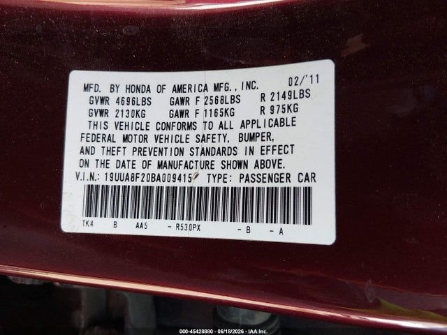 Продаж на аукціоні авто 2011 Acura Tl 3.5, vin: 19UUA8F20BA009415, номер лоту: 45428880