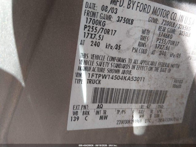 Aukcja sprzedaży 2004 Ford F-150 Fx4/lariat/xlt, vin: 1FTPW14504KA53011, numer aukcji: 45428926