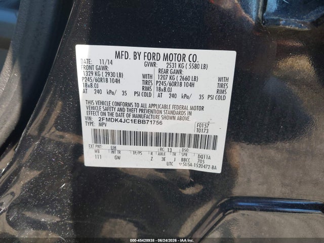 45428938 :رقم المزاد ، 2FMDK4JC1EBB71756 vin ، 2014 Ford Edge Sel مزاد بيع