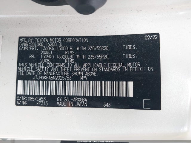 Продажа на аукционе авто 2022 Lexus Rx 450hl, vin: JTJHGKFA6N2025763, номер лота: 45428964