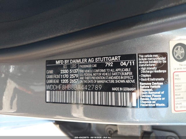 2011 Mercedes-benz E 350 4matic მანქანა იყიდება აუქციონზე, vin: WDDHF8HB8BA442789, აუქციონის ნომერი: 45428979