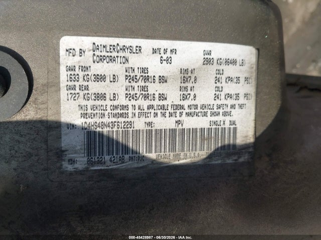 Aukcja sprzedaży 2003 Dodge Durango Slt, vin: 1D4HS48N43F612291, numer aukcji: 45428987
