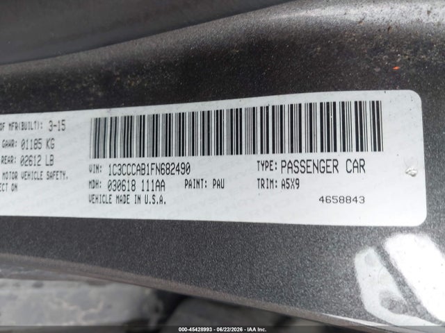 2015 Chrysler 200 Limited მანქანა იყიდება აუქციონზე, vin: 1C3CCCAB1FN682490, აუქციონის ნომერი: 45428993