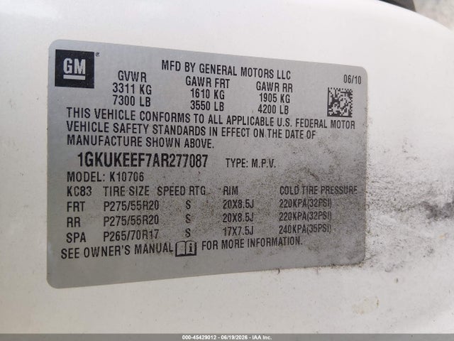 2010 Gmc Yukon Denali მანქანა იყიდება აუქციონზე, vin: 1GKUKEEF7AR277087, აუქციონის ნომერი: 45429012