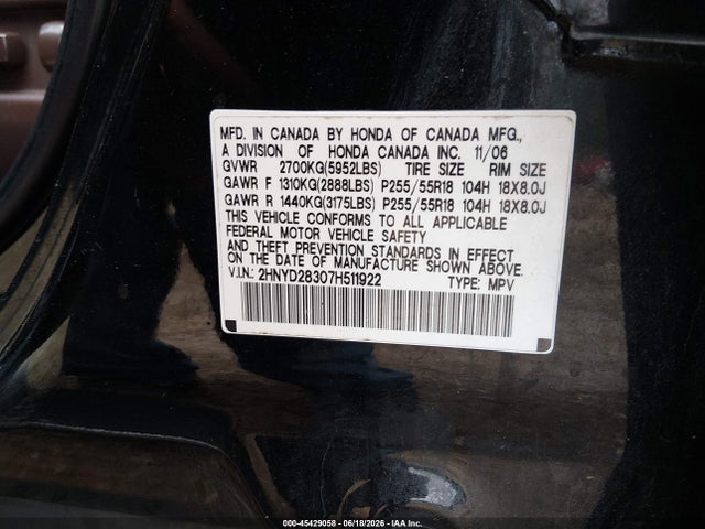 45429058 :رقم المزاد ، 2HNYD28307H511922 vin ، 2007 Acura Mdx Technology Package مزاد بيع