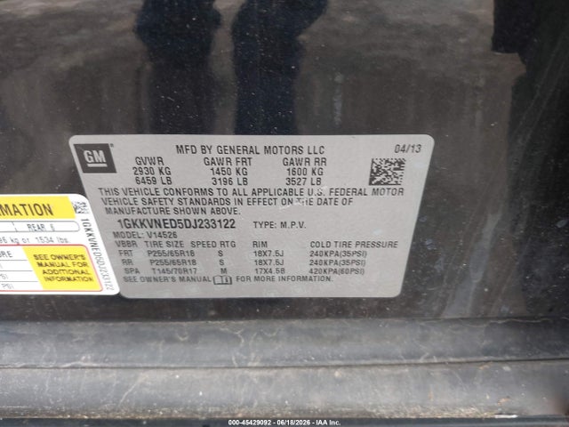 Aukcja sprzedaży 2013 Gmc Acadia Sle-1, vin: 1GKKVNED5DJ233122, numer aukcji: 45429092