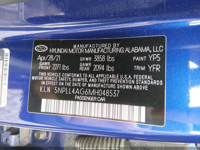 2021 Hyundai Elantra Se მანქანა იყიდება აუქციონზე, vin: 5NPLL4AG6MH048537, აუქციონის ნომერი: 45429108