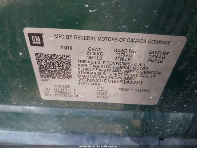 Aukcja sprzedaży 2019 Chevrolet Equinox Lt, vin: 2GNAXUEV6K6141281, numer aukcji: 45429124
