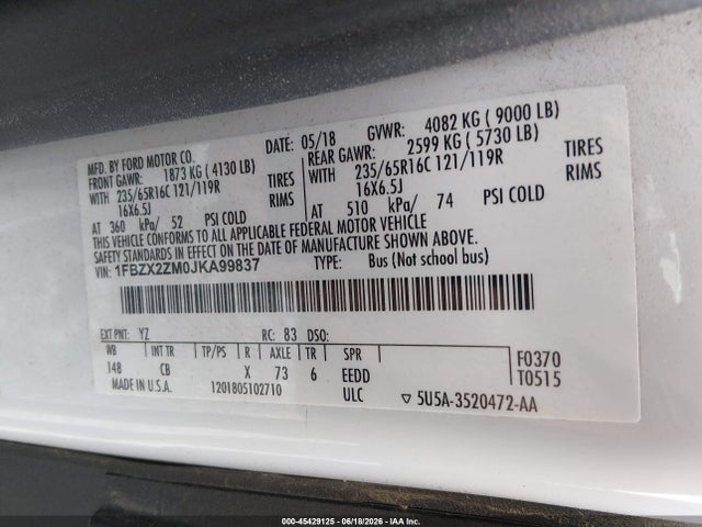 45429125 :رقم المزاد ، 1FBZX2ZM0JKA99837 vin ، 2018 Ford Transit-350 Xl/xlt مزاد بيع