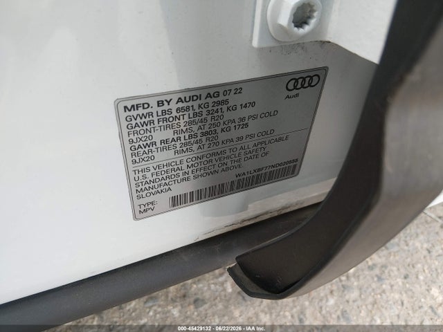 Aukcja sprzedaży 2022 Audi Q7 Premium Plus 55 Tfsi Quattro Tiptronic, vin: WA1LXBF77ND020555, numer aukcji: 45429132
