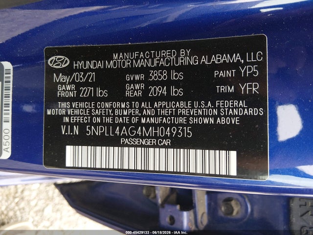 45429133 :رقم المزاد ، 5NPLL4AG4MH049315 vin ، 2021 Hyundai Elantra Se مزاد بيع